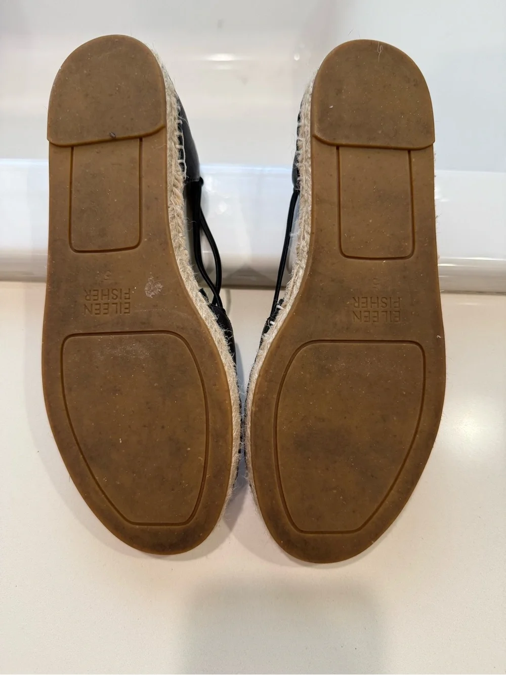 Eileen Fisher Black Leather Espadrille Flats with Elastic Ankle Strap